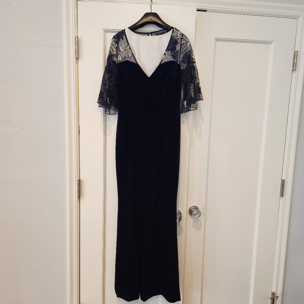 Stunning formal dress: Navy blue velvet and sequined-sheer top